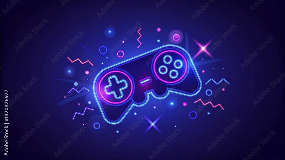 Fototapete Neon game controller or joystick for game console on blue background, futuristic design accessory for modern gaming setup, illuminated pad symbolizing electronic entertainment tech