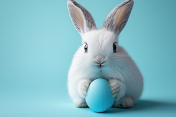 Obraz premium Adorable White Bunny Holding a Blue Egg with a Pastel Background