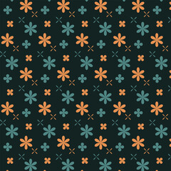 Retro Floral Seamless Pattern – Orange & Teal on Black
