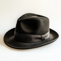 A stylish black fedora hat with a ribbon band resting on a plain white surface in a studio setting