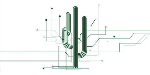 Minimal green cactus design integrated with abstract circuit board lines on white background
