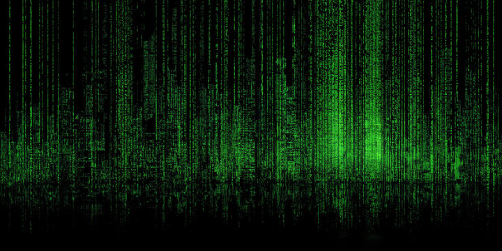 Digital matrix rain with vertical green code lines forming a dark city silhouette
