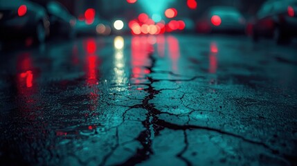 Wet asphalt road at night with cracked pavement, city lights reflecting