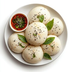A plate of idli with a small bowl of red sauce and basil garnishings
