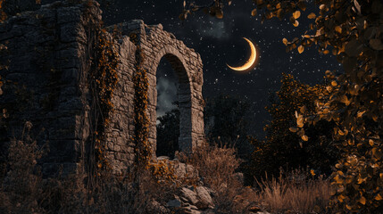 Crumbled stone ruins surrounded by overgrown vegetation