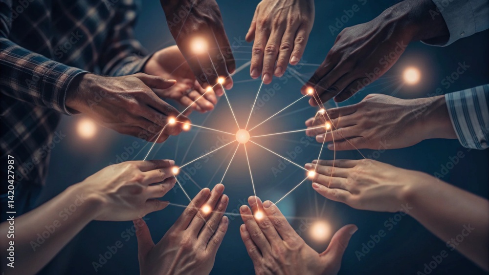 Poster People connecting hands, symbolizing teamwork with a graphical network overlay of points and lines, representing unity, collaboration, digital connection, and modern communication concept.