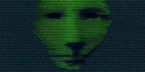 Green digital face emerging from code with binary-style data effect on dark background
