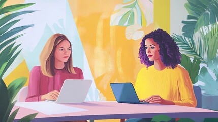 Two women are collaborating in a modern office setting.