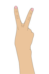 Reverse V hand gesture - victory symbol with two fingers - peace sign isolated on white