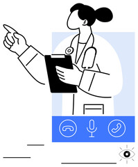 Medical worker holding clipboard, pointing confidently. Includes call, microphone, and message icons. Ideal for telemedicine, healthcare advice, communication, remote assistance technology online
