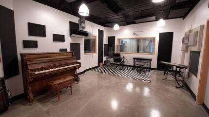 Music room with concrete floor, black acoustic panels, and old piano 