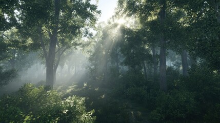 Obraz premium Sunlight streams through a dense, misty forest.