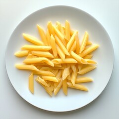 A top down view of a white plate filled with cooked penne pasta dish