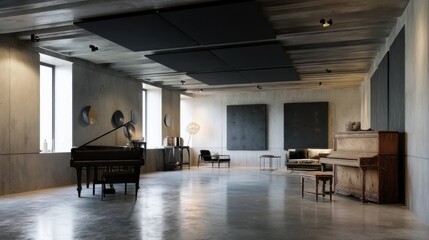 Music room with concrete floor, black acoustic panels, and old piano 