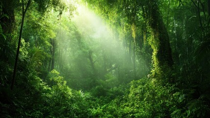 Obraz premium Lush, vibrant rainforest canopy bathed in sunlight.