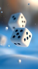 Three white dice with black dots rolled on blue background