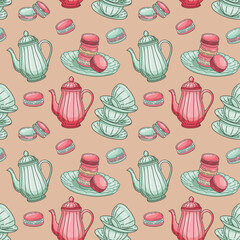 Pattern with coquette vintage tableware and macaroons. Pink delicate background for tea time invitation, gift paper, wallpaper design, scrapbook, cover notebook. Vector background in doodle style.
