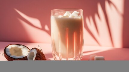A modern coconut smoothie with glowing coconut chunks in a high-tech transparent glass 