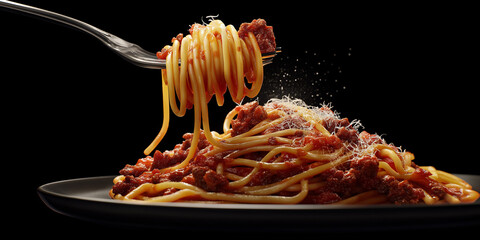 Close-up of spaghetti bolognese on fork with rich meat sauce on black background
