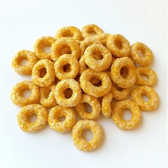 A pile of round yellow cereal rings on a white surface close up view