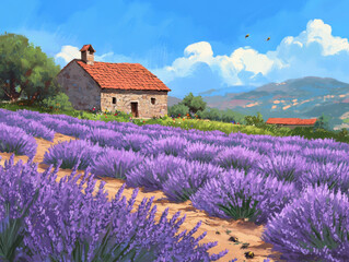 Endless rows of lavender plants in full bloom