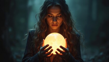Naklejka premium Mystical woman holds glowing orb. Oracle gazes, predicting future, exploring destiny. Magic, divination, clairvoyance, prophecy, seance, enchantment. Enigmatic atmosphere. Occult concept.