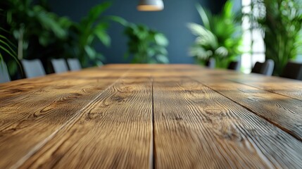 Wooden conference table top, surrounded by greenery