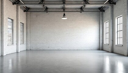Industrial building interior. White brick walls, concrete floor, empty space for product display. Modern hall with windows, metal ceiling. Urban warehouse background. Room for advertising, business.