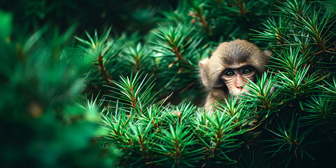 Adorable Baby Monkey Hiding in Lush Green Coniferous Forest