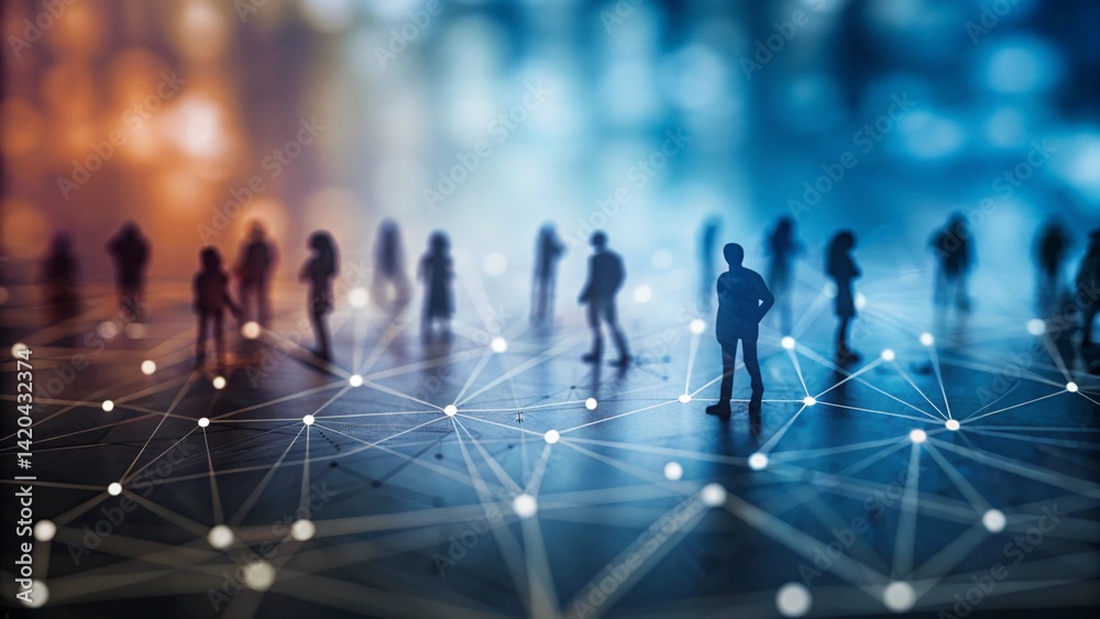 Poster view of a crowd with a network of connections. big data, smart city, wifi concept. urban innovation,