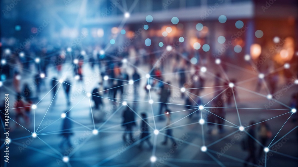 Poster view of a crowd with a network of connections. big data, smart city, wifi concept. urban innovation,