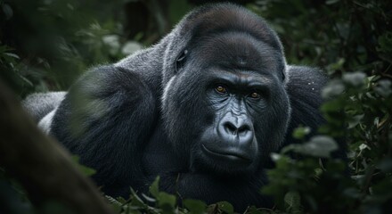 Obraz premium Magnificent silverback gorilla resting peacefully amidst dense foliage