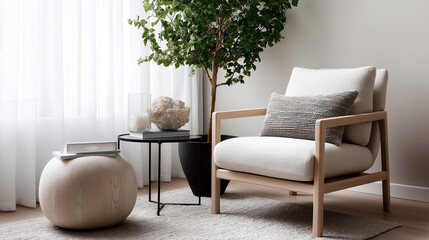 Elegant Interior Styling with Pale Wood and Linen Armchair