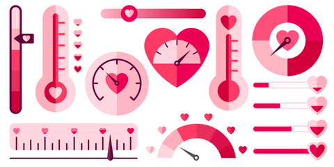 Love meter collection - vector scales with heart shapes isolated on white.