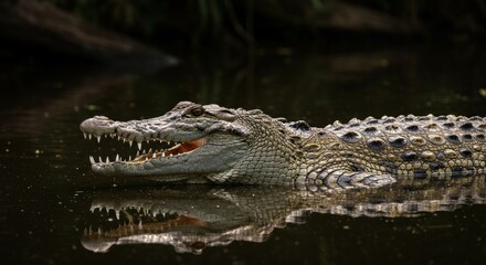 Fototapeta premium Dangerous wildlife powerful crocodile lurking in murky still water environment