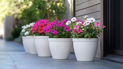 Obraz premium Lively flowers in white pots lining the pathway to the house