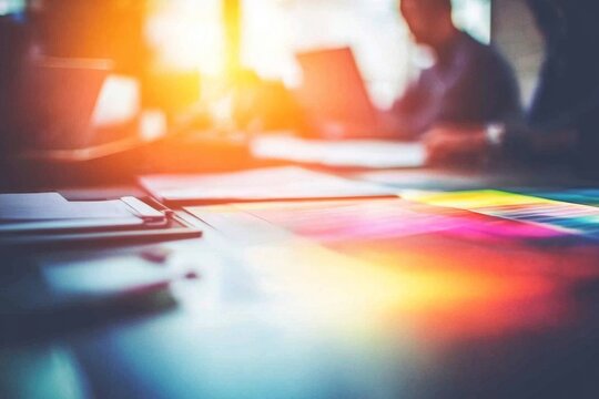 Busy office space, vibrant colors on the table