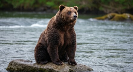 Obraz premium Majestic brown bear perched regally on a rock amidst flowing river water