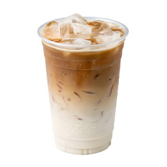 Clear plastic cup filled with Iced Cappuccino, isolated on transparent background