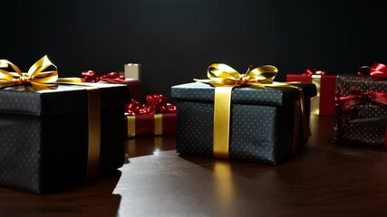 Camera pans across elegant gift collection wrapped in dark luxurious tones with matching ribbons, arranged on rich wood table under key light. Concept of premium celebration and tasteful presentation