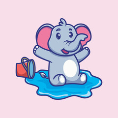 Cute vector illustration of a happy baby elephant playfully splashing water with joy, celebrating the fun and excitement of Thailand’s Songkran water festival.