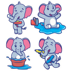 A set of cute vector illustrations featuring a joyful baby elephant playing with water and water guns, celebrating Thailand’s Songkran water festival with fun and happiness.