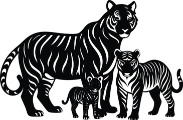 Obraz premium Tiger family silhouettes—mother and cubs
