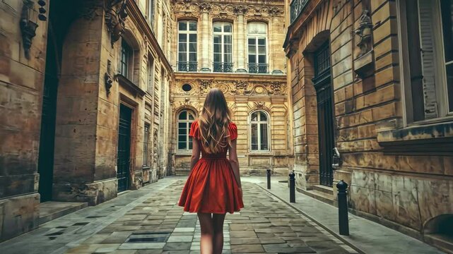 Girl in red dress exploring ancient French architecture in a charming alleyway, Beautiful girl walking near ancient French architecture in Paris, France