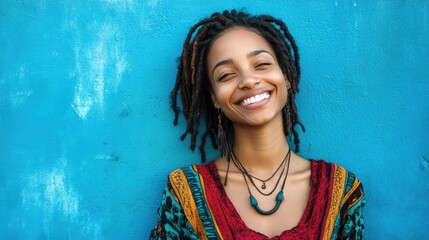A young woman with long black dreadlocks stands smiling against a light blue background.