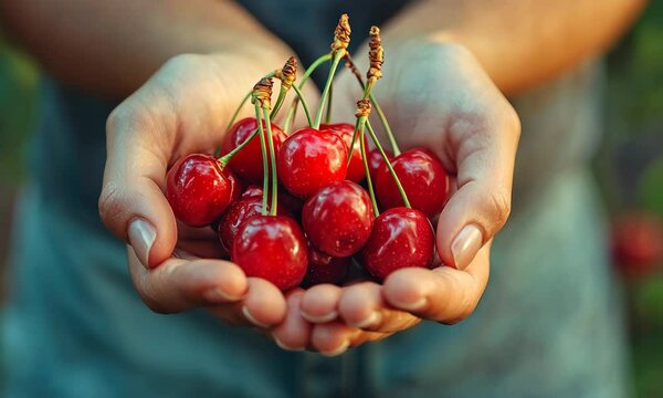 Fresh cherries picked by hand in a sunlit orchard during summer harvest