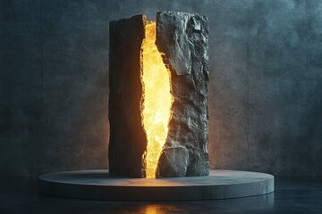 A podium resembling a cracked and peeling stone pillar, with its outer layers falling away to reveal a glowing inner core, creating a dramatic contrast of light and texture

