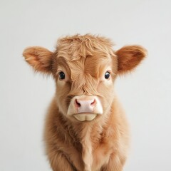 Close up portrait of a fluffy brown calf against a plain white background