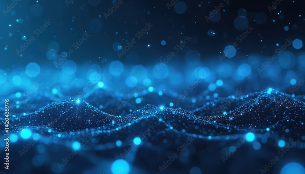 Poster abstract futuristic tech background. digital blue particles form wave-like patterns, creating modern