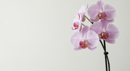 Fototapeta premium Elegant pink orchid flowers in full bloom against a soft white backdrop
